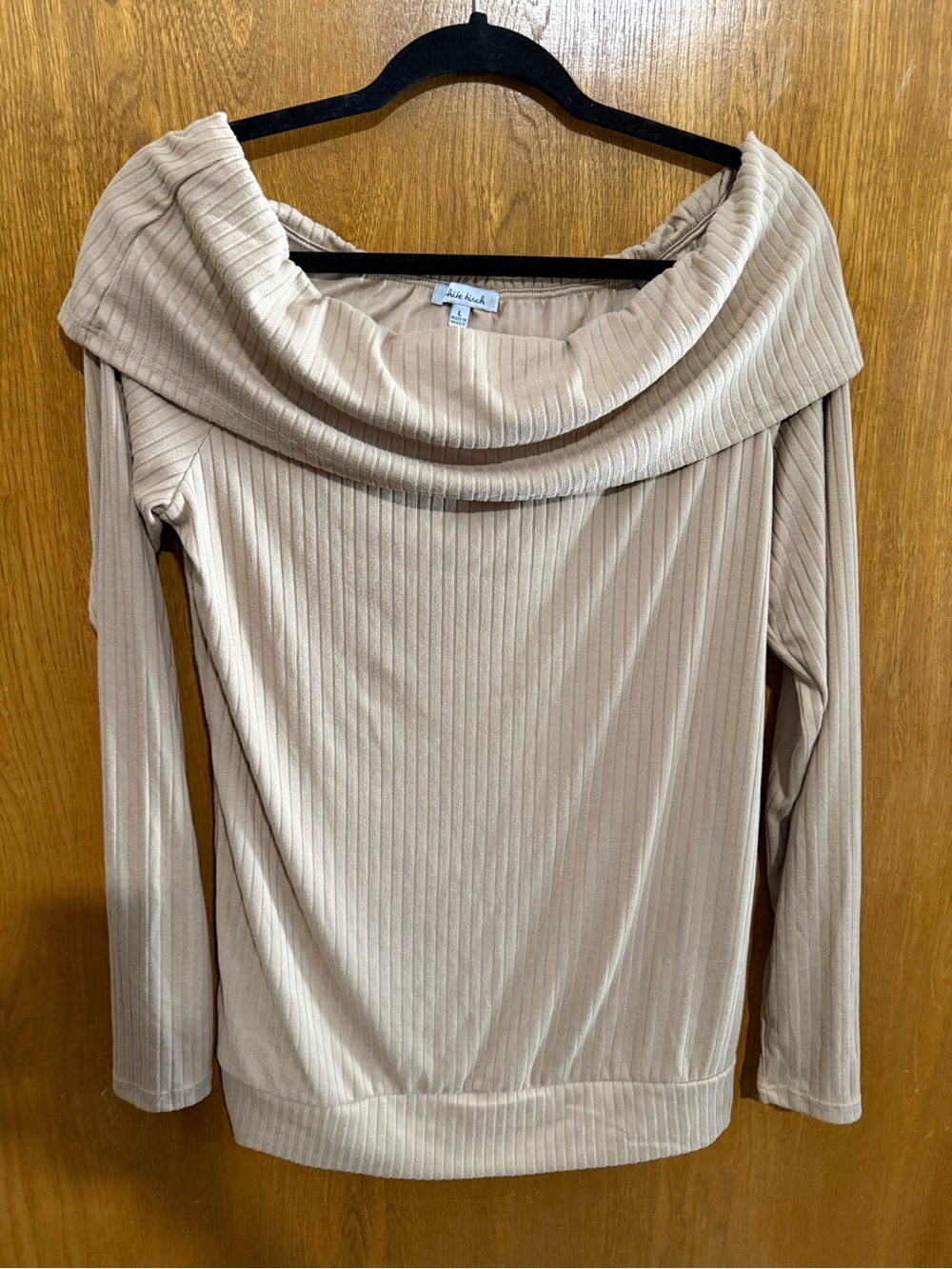 white birch Ribbed Off-the-Shoulder Cowl Neck Sweater in Light Taupe
